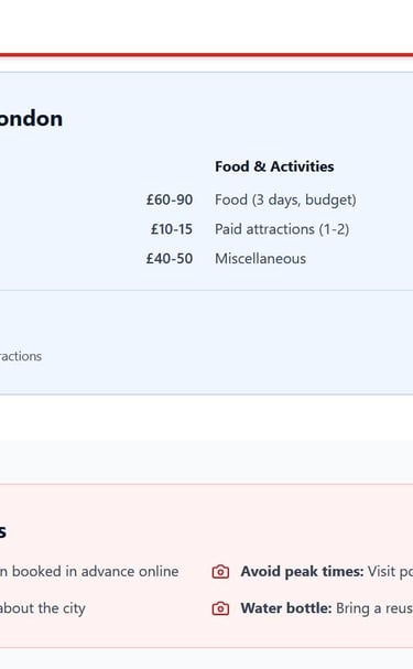 a screen shot of a website page with a list of the top 10 things to do in london on a budget