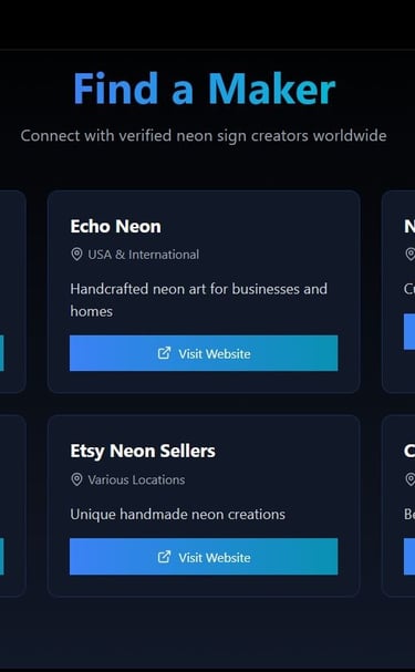 a website page with neon designing tools and directory for neon vendors
