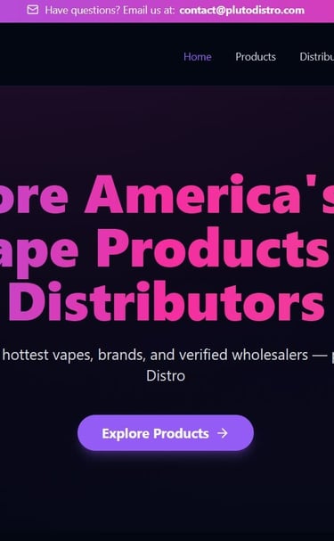 a purple and black website page with a purple background for vape disto in usa