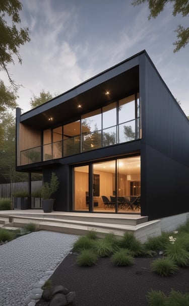 Modern prefabricated house with large windows and wooden accents in a sunny Barcelona neighborhood.