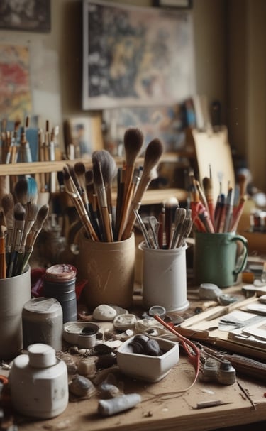 A serene creative workshop space with natural light, beige and emerald accents, and artistic tools arranged neatly.