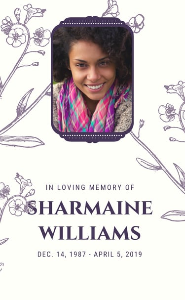 Floral memorial design with portrait photo and “In Loving Memory of Sharmaine Williams” text.