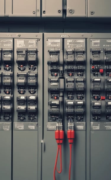 Team of electricians collaborating on outdoor electrical maintenance near power lines