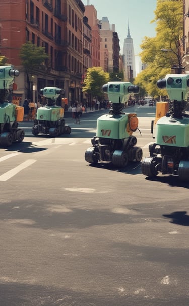 A group of colorful robots dancing and shaking their butts in sync on a minimalist stage.