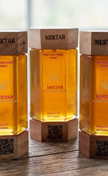 Three hexagonal jars of Nektar raw unfiltered artisanal honey with wooden lids on a rustic table.