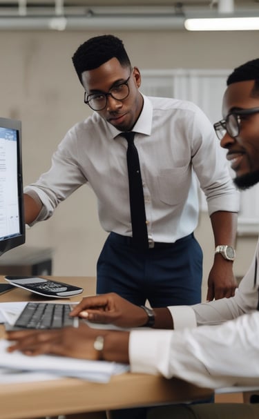 Photo of a team collaborating over financial reports in a modern office.