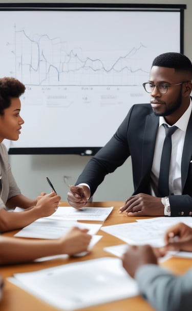 A consultant presenting marketing strategies to attentive clients.