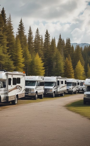 A convoy of motorhomes parked beside a tranquil forest lake at sunset.