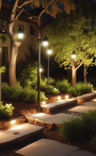 Outdoor pathway lights casting a gentle glow along a garden path.