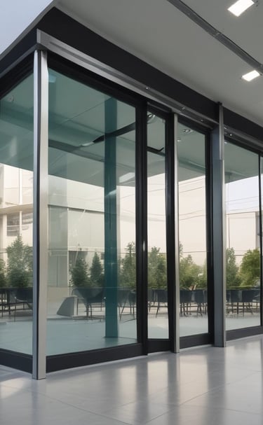 Close-up of a glass door installation highlighting the precise finishing and hardware.