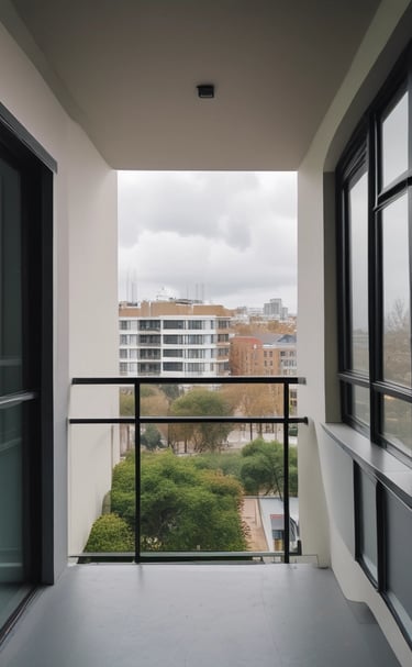 Wide shot of a storefront with large clear glass windows reflecting the cityscape.