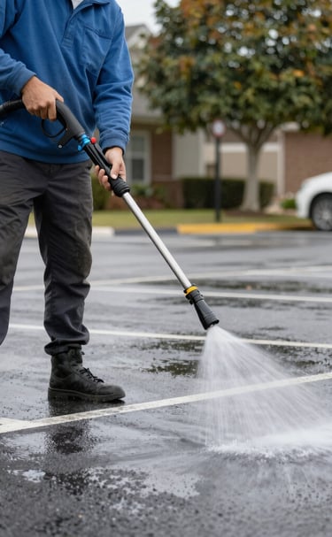 Technician carefully cleaning windows on a retail center with professional equipment