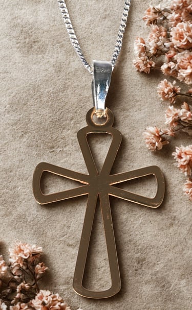 Gold cross pendant necklace with a silver chain, styled with dried pink flowers on a textured background.