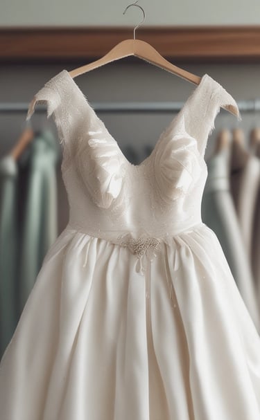 Rows of elegant garments hanging in a clean, organized dry cleaning facility.