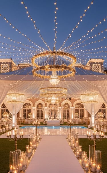 Luxury outdoor wedding reception tent with elegant chandeliers and hanging fairy lights at dusk.