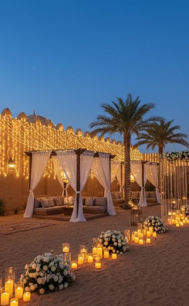 Elegant outdoor Ramadan Iftar setting with white cabanas, fairy lights, and crescent moon decor.