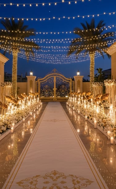 Luxury outdoor wedding aisle with white flowers, gold roses, and fairy lights at night.