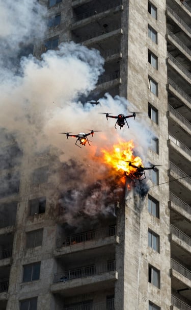 Drone equipped with thermal imaging scanning a rugged terrain for hotspots in wildfire control