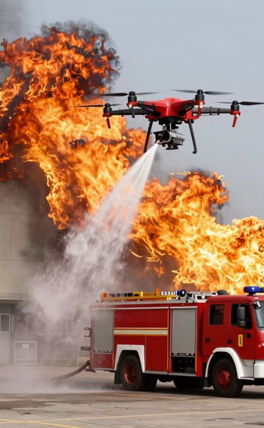 Aerial shot showing a team of drones coordinating in formation above an urban fire emergency