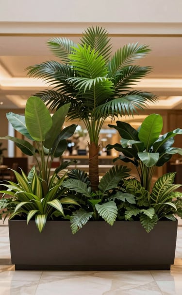 Commercial office lobby decorated with large artificial plants in sleek, light wood planters.
