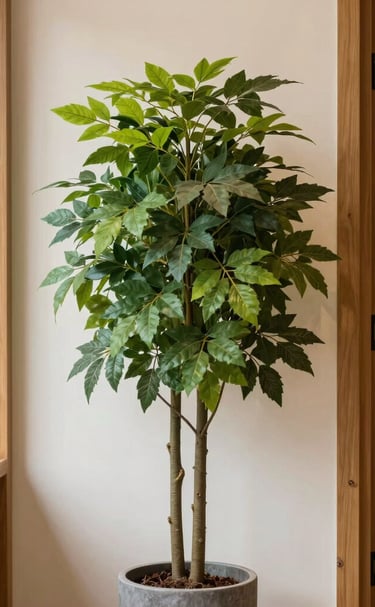Cozy café corner with hanging artificial greenery and small potted plants on tables.