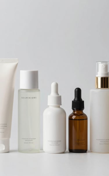 Softly lit flat lay of euni skincare bundles on a beige linen cloth.