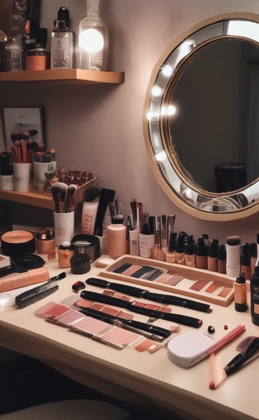 A cozy pastel-themed vanity table with beauty products arranged elegantly.