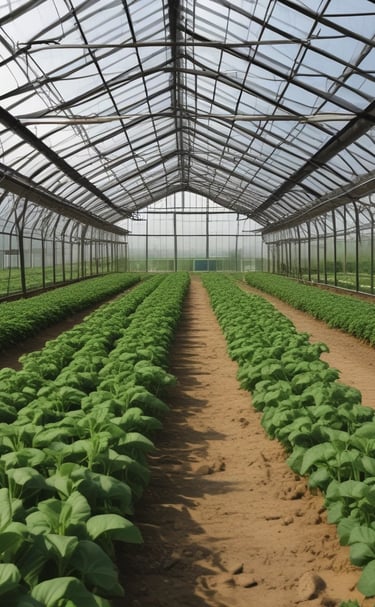 Various greenhouse structural components neatly arranged, highlighting metal frames and support beams.