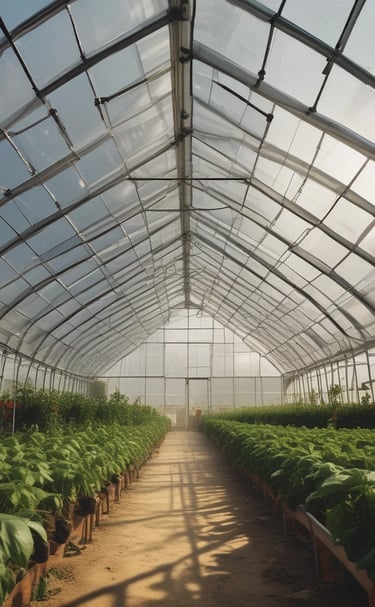 An interior view of a greenhouse showing heating pipes and lighting fixtures supporting plant growth.