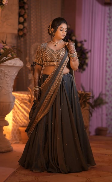best green and golden lehenga with best makeup artist r&d bridal makeup in gotri
