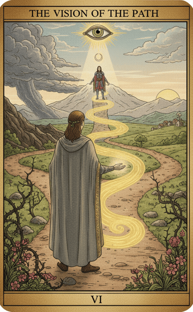 Carta de Tarot 'A Visão do Caminho' com uma figura caminhando por uma estrada iluminada em direção a