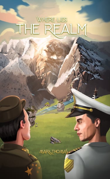 Two men in uniform standing in front of a mountain, Sci-fi and fantasy book cover illustration