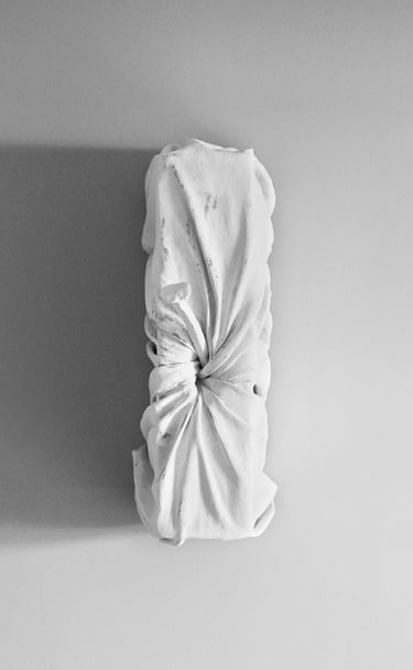 a white sculpture. Nail inside foam covered in plastered fabric.