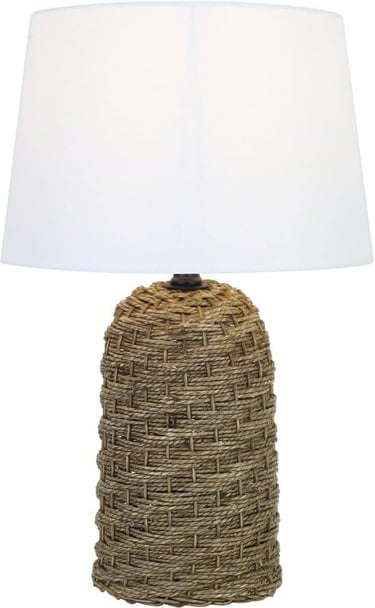 Rustic woven rope table lamp with a natural fiber base and a white tapered fabric drum shade.