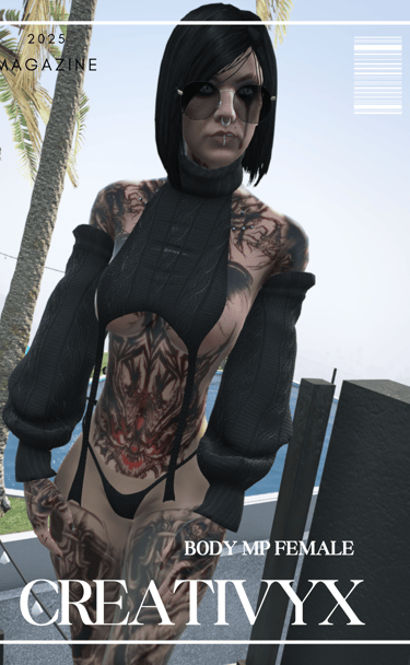 a woman with tattoos on her body and a bodysuit