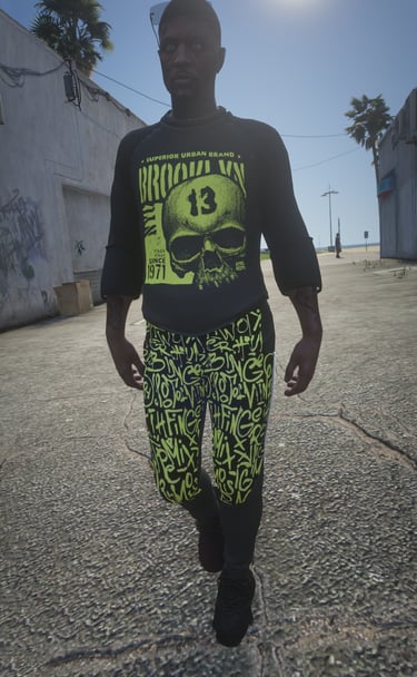 a man in a black shirt and green pants