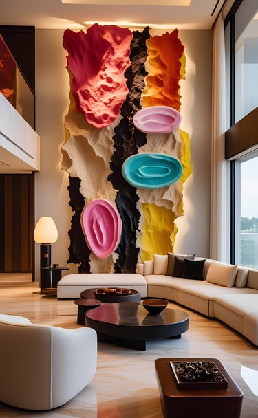 Mural 3D Chromatic Flow de gran formato para lobby — Pedro Alonso Studio.