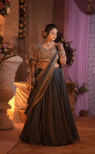 best green and golden lehenga with best makeup artist r&d bridal makeup in gotri