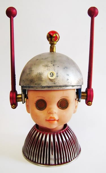 Assemblage robot head named Doll #9 built by artist Tal Avitzur.