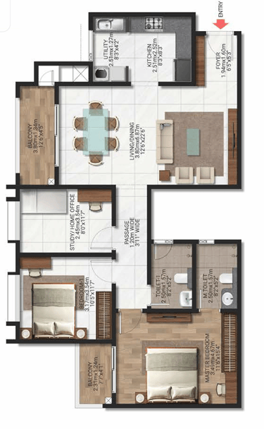 Brigade Lakecrest 2 BHK with Study Floor Plan