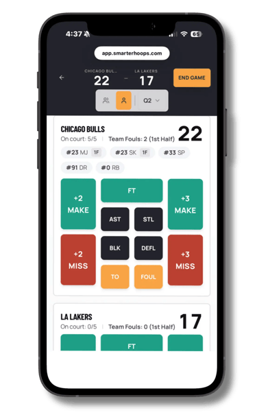 Basketball stats tracking app on mobile showing live game score and stat buttons for coaches