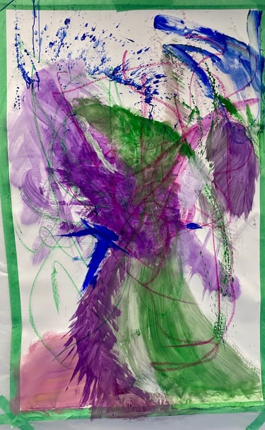 Mixed media artwork in progress — purple, blue, and green brushstrokes on a light background