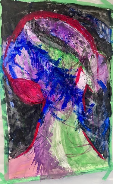 Mixed media artwork — red form emerging against a dark background with layered blues and purples