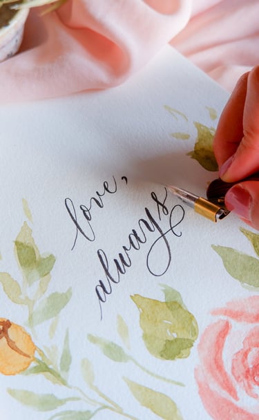 Handwritten calligraphy with floral watercolor saying Love Always by NYC calligrapher Belle Llorin.