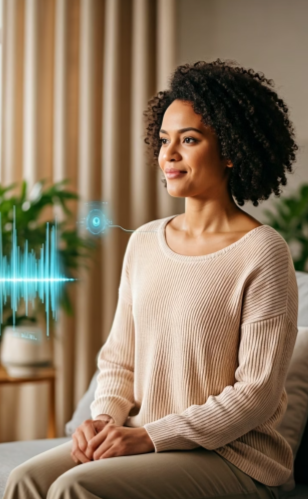 Woman with frequency wave 