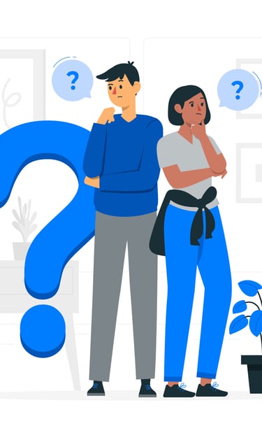 a man and woman standing in front of a question mark