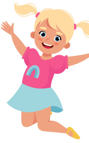 Colorful, smiling cartoon girl jumping and celebrating