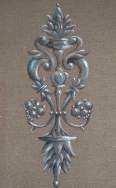 Ornementation théâtrale peinte sur une toile de jute pour le décor d'une pièce de théâtre.