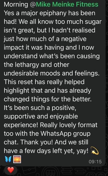 WhatsApp message testimonial for Mike Meinke Fitness regarding a sugar detox and health reset.