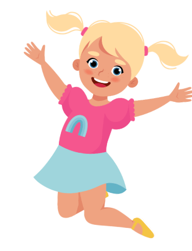 Colorful, smiling cartoon girl jumping and celebrating